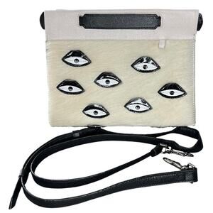 Min & Mon Vali Crossbody Small Cream Leather Bag Eyes Applique gray black